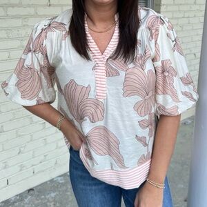 She and Sky Cream Top with Blush Floral Print